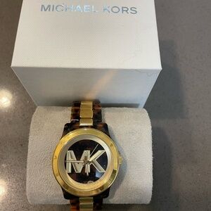 Michael Kors Runway Gold-tone tortoiseshell acetate watch.  New.